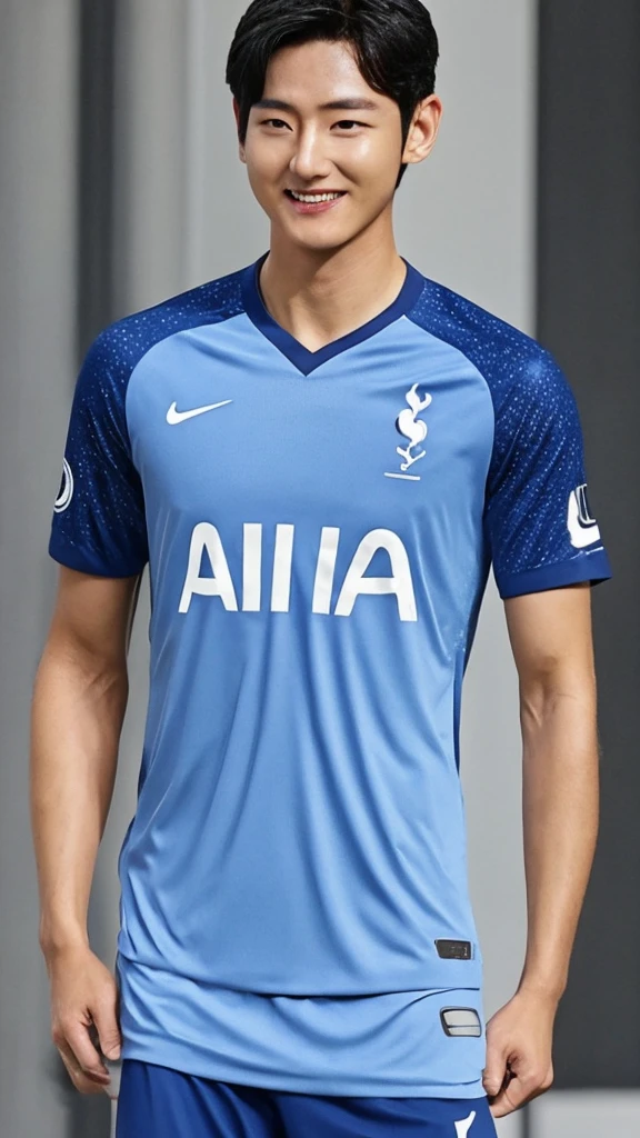 {{{Tottenham Hotspur Logo}}}, {{{The name of the uniform sponsor is AIA}}}, night, light, {{{white nike soccer jersey}}}, {{{best quality}}}, {{{realistic}}}, Detailed facial description, realistic 눈동자, Handsome man, realistic 유니폼 주름