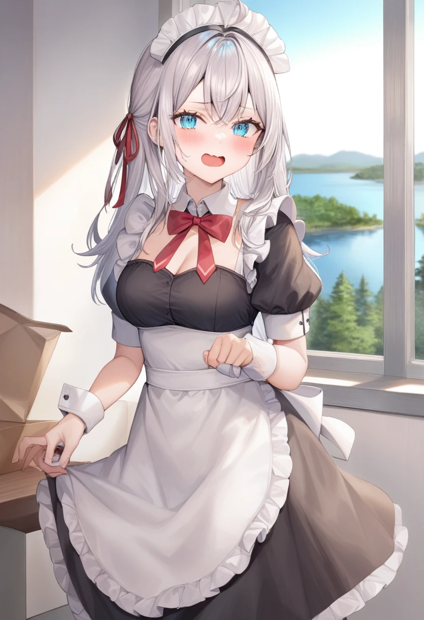 One girl, Alisa Mikhailovna Kujo,Tomorrow, my friend, Arya-san, will be visiting Russia.,alone, Long Hair, Eyebrows visible through hair, Hair between the eyes, Silver Hair, Hair Ribbon, blue eyes, Medium chest, Maid,Maid headdress, Maid apron,
Sealing, Panoramic Photos, Recall, furled brow, lake, Mouth closed,
Highest quality, so beautiful, Absurd
