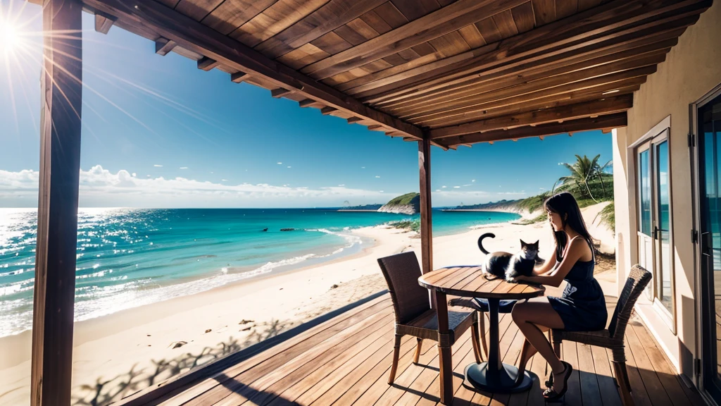 Sandy beach, wooden open terrace, woman holding cat, pleasant breeze, chairs and table, strong sunlight, sea view, beautiful woman, hair blowing in the wind,