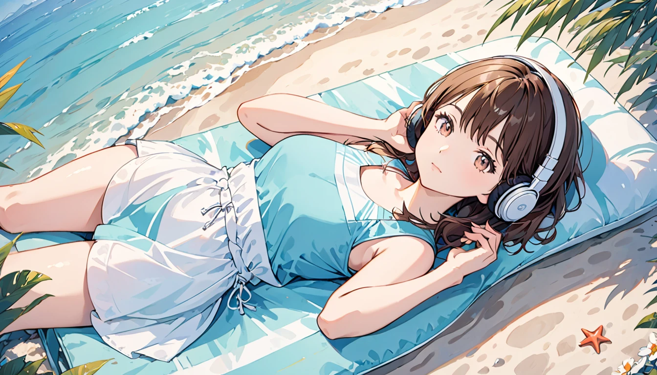 Girl wearing headphones,Brown Hair,1 person,bright,Detailed Background,relax,Lying on a swim ring on the sea,Top view