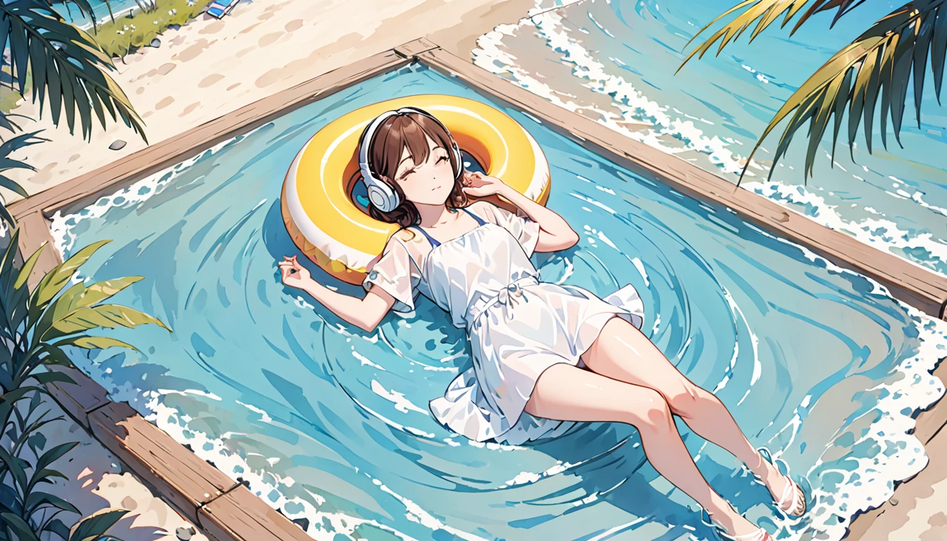 ((Top quality)), ((Masterpiece)), ((Detail)), perfect face, perfect body, sitting on the beach, listening to music, wearing headphones, wearing swimsuit, swimsuit is transparent, sitting with legs spread, tight clothes One woman wearing clothing with exposed buttocks and breasts, face visible