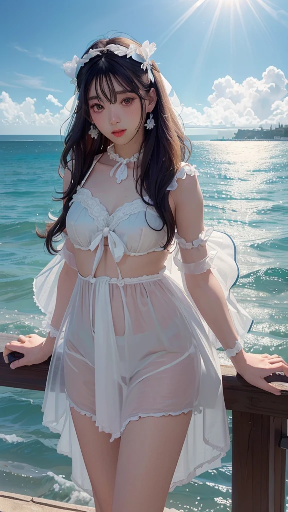 masterpiece,((Clear lines)),  Limited edition palette,Highest quality, Flat Color, Low contrast, ((One girl)),(((Very delicate and beautiful girl))),(Beautifully detailed face),(Beautiful attention to detail),{Long Hair},Flower Hair Ornaments,((Middle chest)),Long black hair,Hair Ribbon,Sexy Sailor Suit , Are standing,((View your viewers:1.6)), View from below,Beautifully detailed skies,Bright sky,Cumulonimbus,sunlight, (Detailed Light),Lighting,colorful,Ocean,Beach, bridge,The way to school,Skyscraper, 