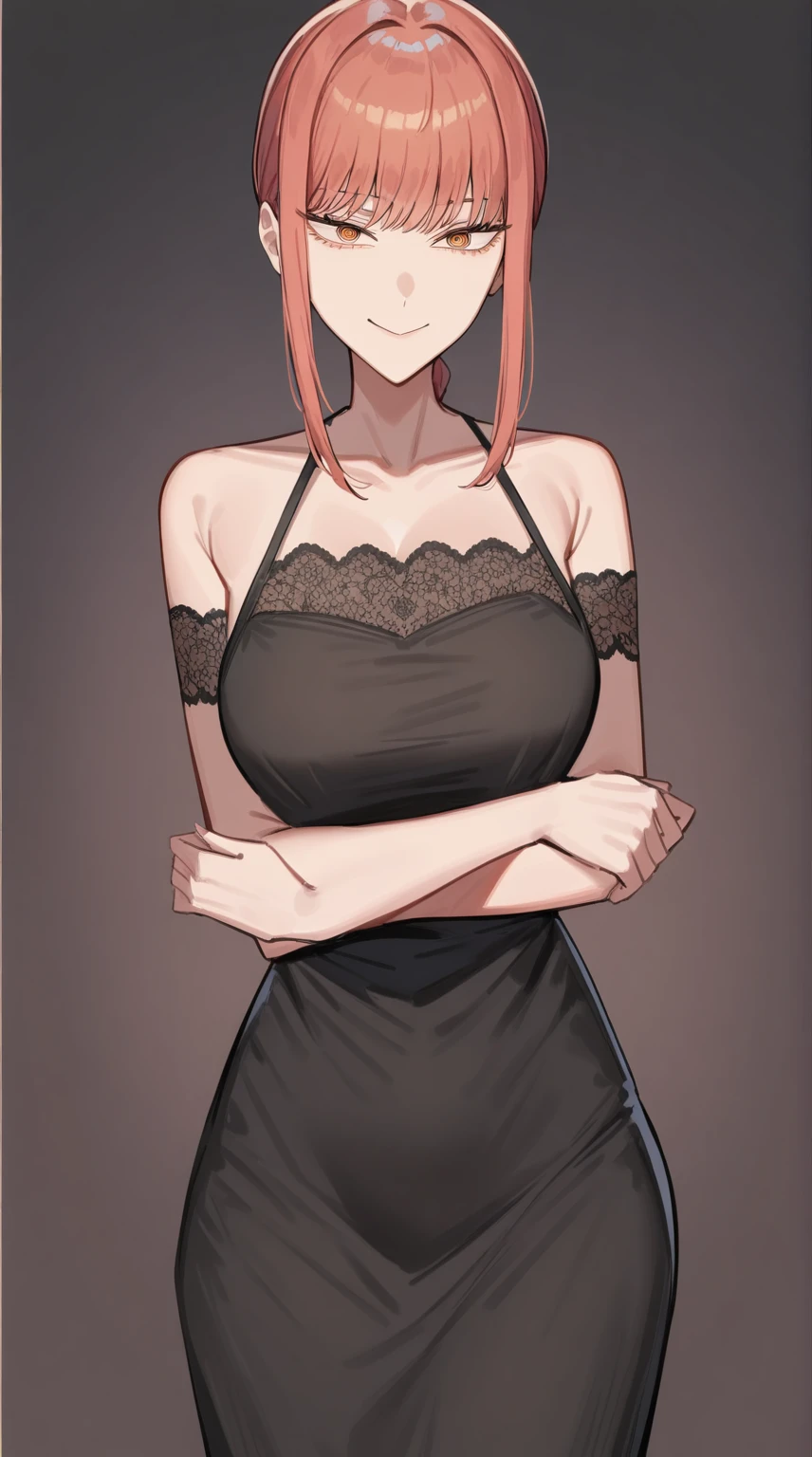 1fille, makima, Chainsaw man, russet hair, (smirking:0,7), beautiful dress, long black dress, lace, front, (masterpiece, best quality, very aesthetic, absurdists)