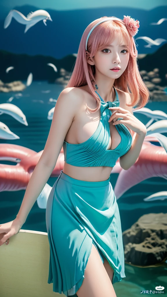 Top quality, 8k, 32k, Masterpiece, photo realistic, realistic, ada woman in blue posing for a photo, nami from one piece, nami one piece, cosplay anime girl, beautiful portrait of nami, cosplay anime, nami, cosplay ayaka, from one piece, cosplayer, cosplay glamourous, anime character full body art, cosplay, cosplay photo, cool, professional makeup, necklace, very big breasted woman, (seductive pose), Sexy, beautiful white face shining, beautiful face, pink cheeks, beautiful lips, porcelain skin, detail intricate, super detailed, super high, highest detailed, high detailed, delicate, incredible detailed, fine detailed, cinematic lighting, top quality, masterpiece, smooth and beautiful, CG , unity, 8k wallpaper, Stunning, fine detail, unity CG wallpaper 8k ultra detailed, large file size, ultra detailed, high resolution, incredible detail, stunning detail, depth of field, oil painting effect in Rembrandt art style, concept portrait art in Stanley Artgerm Lau style, WLOP, trending on Artstation, epic, trend in society, detailed digital painting, very high quality model.