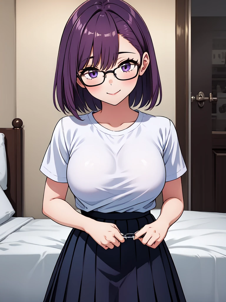 1girl, cowboy shot,porn, smile, glasses, 
nitengojigen_ririsa, purple eyes, purple hair, short hair, bangs, lace underwear, short sleeves, Show your breasts,sex, pleated skirt, best quality, masterpiece, highres, sleep position,