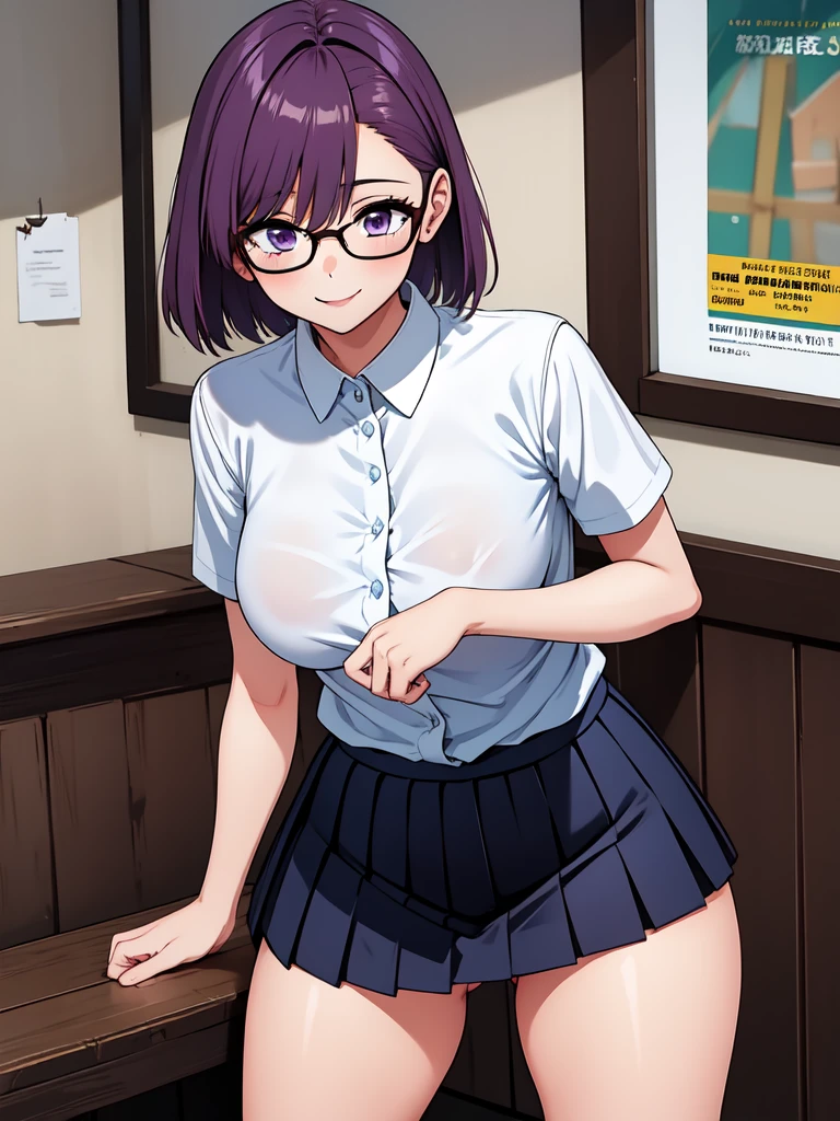 1girl, cowboy shot,porn, smile, glasses, 
nitengojigen_ririsa, purple eyes, purple hair, short hair, bangs, lace underwear, short sleeves, Show your breasts,sex, pleated skirt, best quality, masterpiece, highres, sleep position,