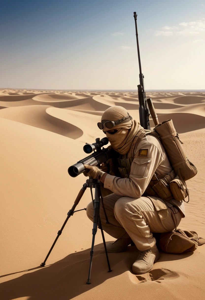 (Sniper), In the scorching desert, the sniper hides among the golden sand dunes, quietly waiting for the opportunity. The background is endless desert and scorching sun, full body, award-winning, cinematic still, emotional, vignette, dynamic, vivid, (masterpiece, best quality, Professional, perfect composition, very aesthetic, absurdres, ultra-detailed, intricate details:1.3)