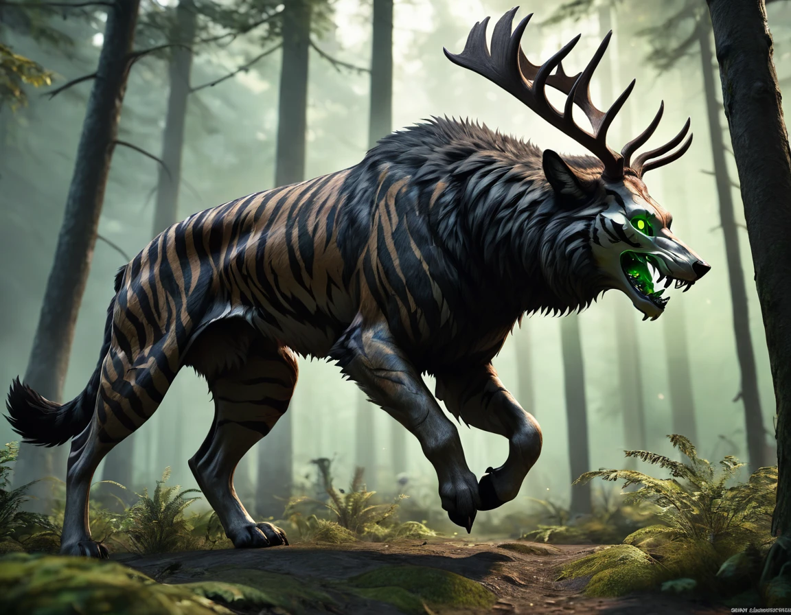 full body portrait of realistic big black beast, feral, side view, running motion, six claws on each paw, long legs, four legged, tiger skull, wolf tiger deer bear hybrid skull face, twisted horns, twisted antlers, tiger, deer, wolf, wendigo, bear, hybrid body with beryl green eyes, beryl green smoke from mouth, dark mysterious forest scenery, full body, cinematic, render, 8k, unreal engine, realistic, masterpiece, high detail, full body, low life, extremely intricate, extreme detail, volumetric lighting