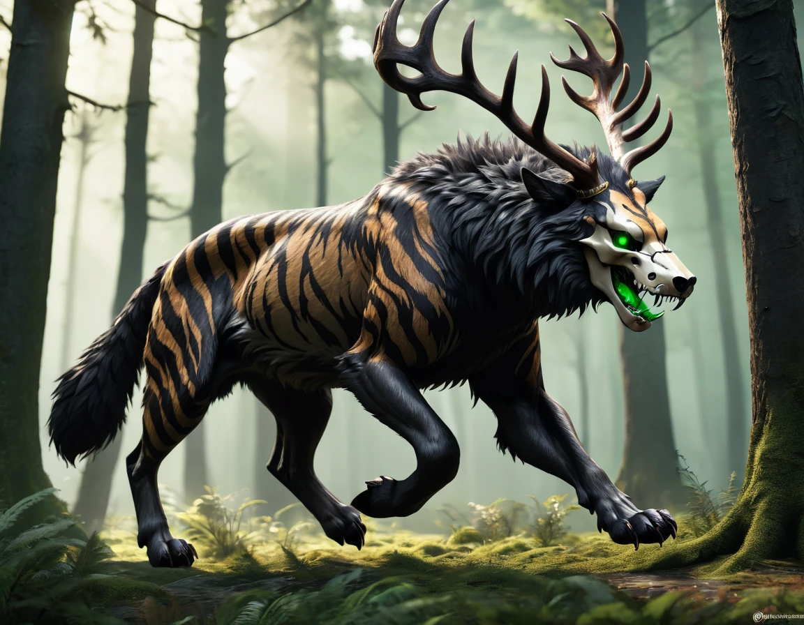 full body portrait of realistic big black beast, feral, side view, running motion, six claws on each paw, long legs, four legged, tiger skull, wolf tiger deer bear hybrid skull face, twisted horns, twisted antlers, tiger, deer, wolf, wendigo, bear, hybrid body with beryl green eyes, beryl green smoke from mouth, dark mysterious forest scenery, full body, cinematic, render, 8k, unreal engine, realistic, masterpiece, high detail, full body, low life, extremely intricate, extreme detail, volumetric lighting