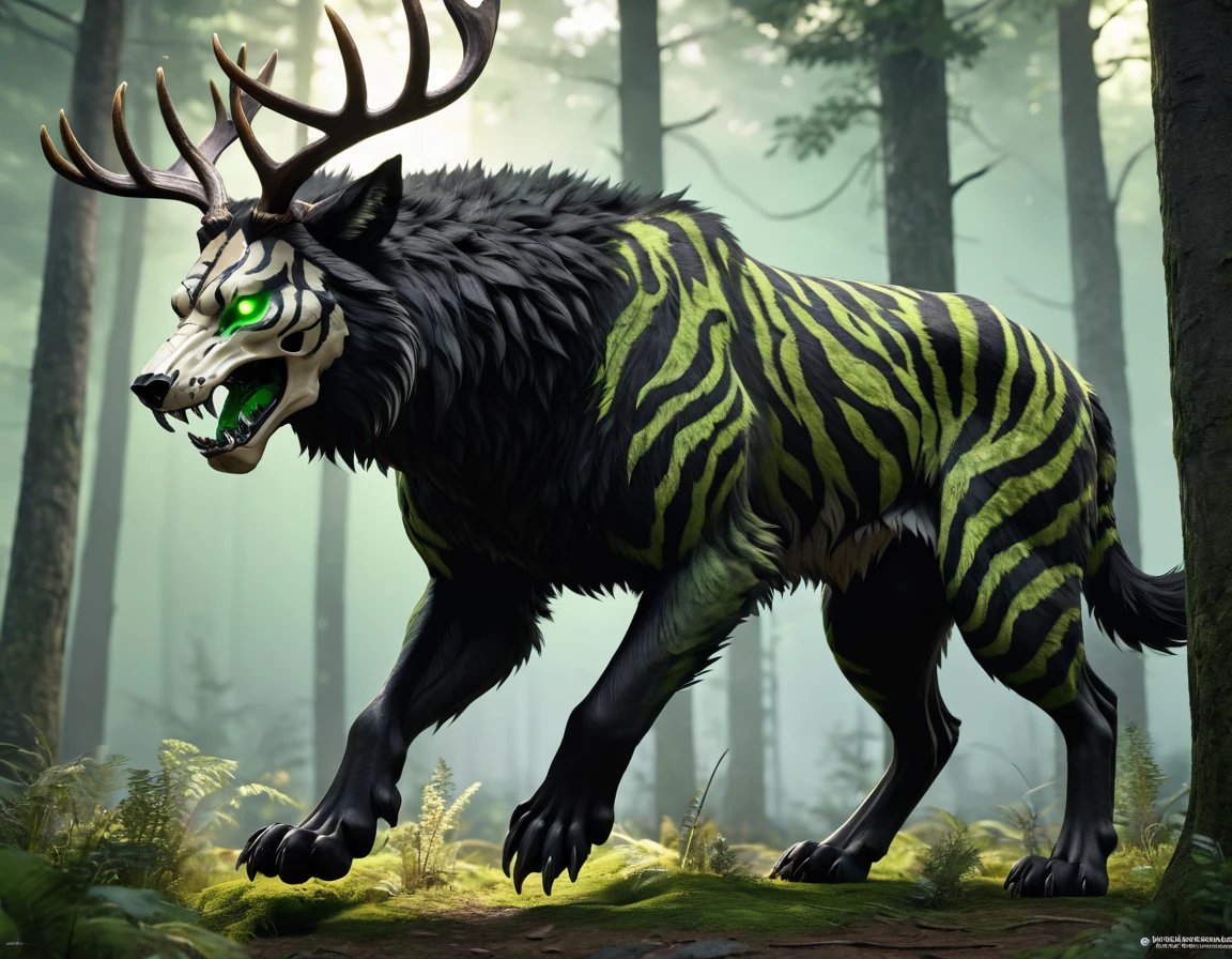 full body portrait of realistic big black beast, feral, side view, running motion, six claws on each paw, long legs, four legged, tiger skull, wolf tiger deer bear hybrid skull face, twisted horns, twisted antlers, tiger, deer, wolf, wendigo, bear, hybrid body with beryl green eyes, beryl green smoke from mouth, dark mysterious forest scenery, full body, cinematic, render, 8k, unreal engine, realistic, masterpiece, high detail, full body, low life, extremely intricate, extreme detail, volumetric lighting