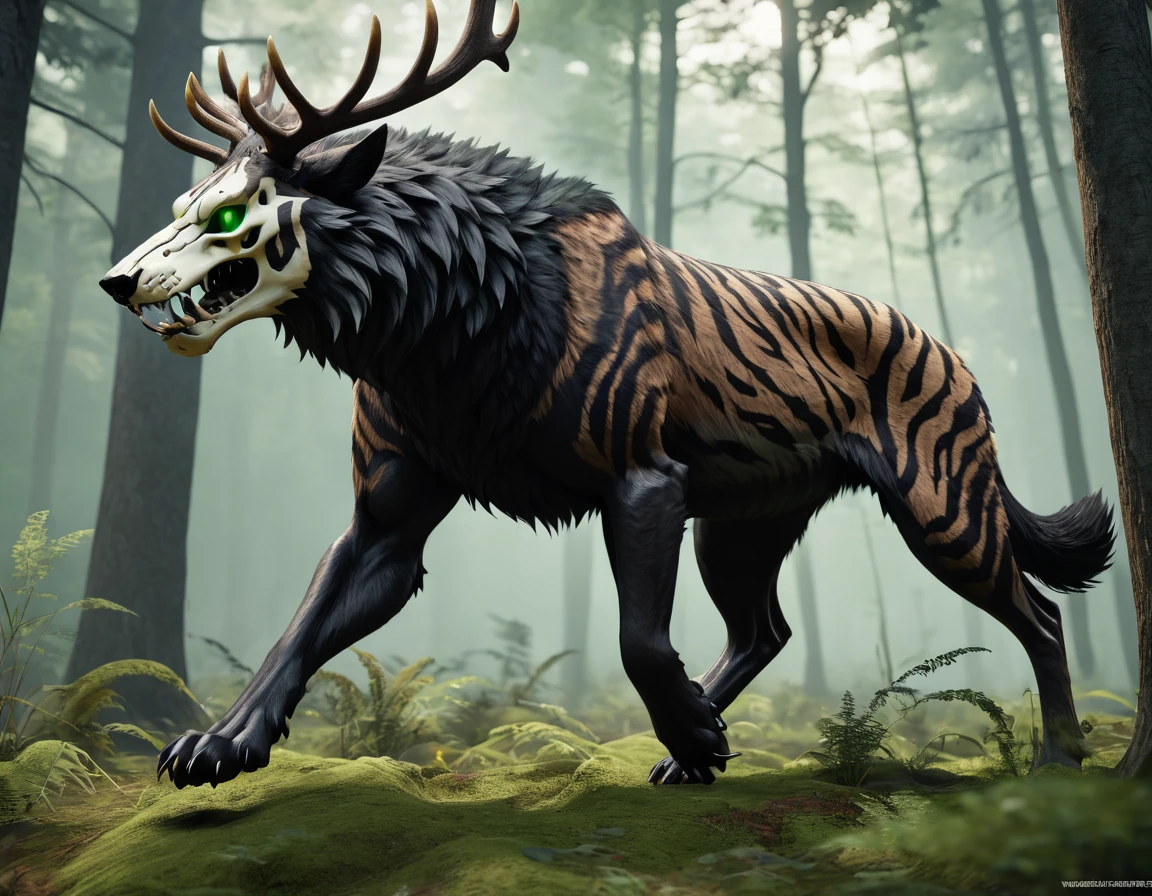 full body portrait of realistic big black beast, feral, side view, running motion, six claws on each paw, long legs, four legged, tiger skull, wolf tiger deer bear hybrid skull face, twisted horns, twisted antlers, tiger, deer, wolf, wendigo, bear, hybrid body with beryl green eyes, beryl green smoke from mouth, dark mysterious forest scenery, full body, cinematic, render, 8k, unreal engine, realistic, masterpiece, high detail, full body, low life, extremely intricate, extreme detail, volumetric lighting