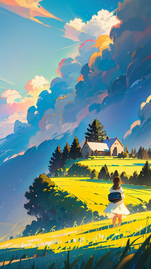 Rows of houses in the countryside, Big Clouds, blue sky, Paddy field, Paddy fieldに植えられたきれいな稲の苗, forest, hill, in the middle of nowhere, countryside, HD detailed, Super detailed, Cinematic, Surrealism, Soft Light, Deep focus bokeh, ray tracing and Surrealism. --v6,Girl