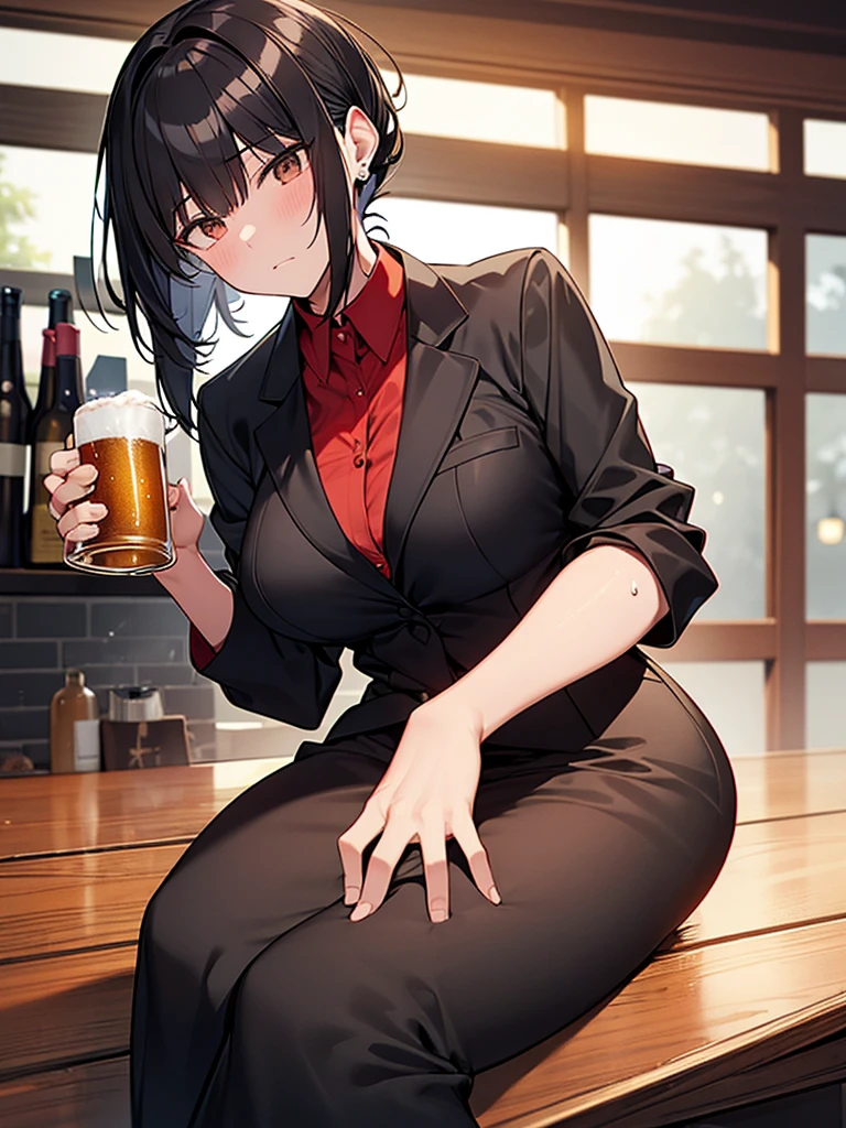 NSFW,Office Worker,The shirt,no-bra,Dressing,short-hair,smelly stockings,izakaya,Private,((Binge drinking)),(((drinking beer))),(((Amazing sweat))),(((sodden))),(((steam))),(((stink))),(((drunk)))