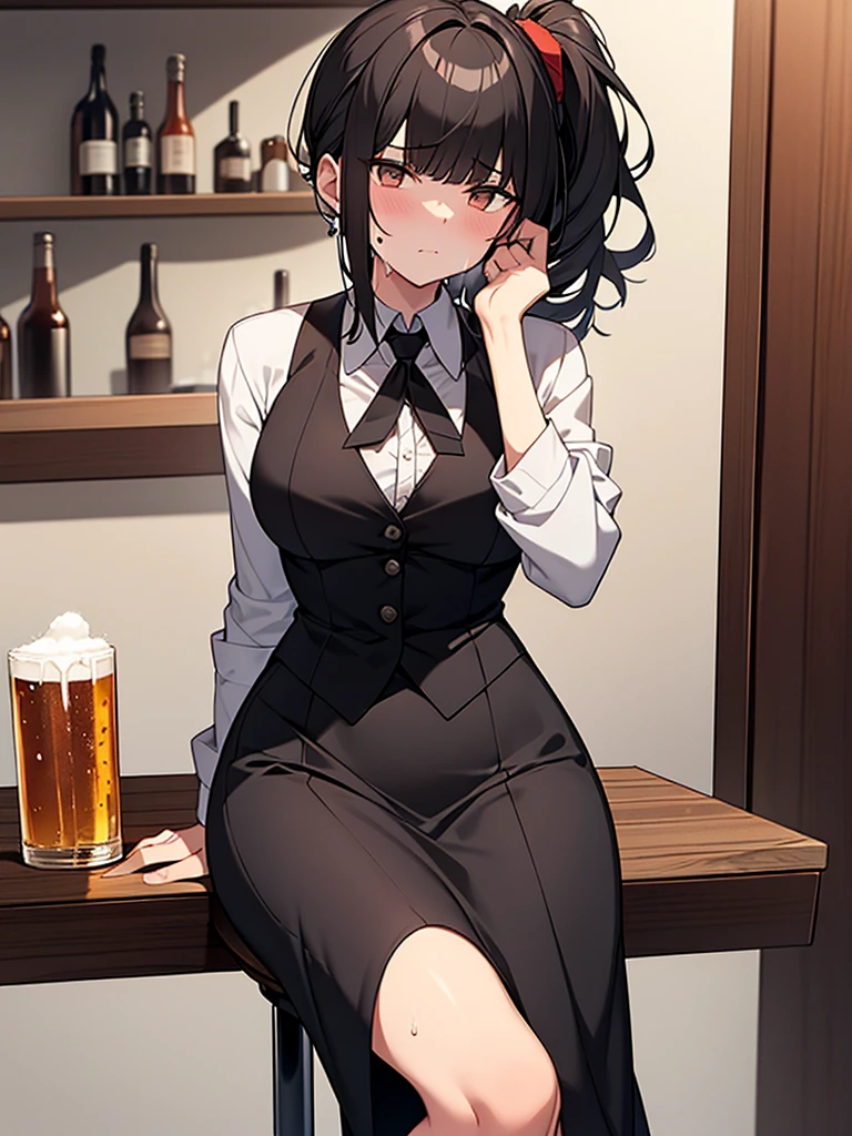 1. Tall woman, bar counter, sitting on wooden chair, gloomy expression, shadow on forehead, drunk, very red face, sweat, rolling eyes, drinking beer from a large mug, completely drunk:1.9 Black suit, white collared shirt, short black hair, ponytail:1.9 Straight hair, bangs swept to the side:1.9. Slanted eyes, brown eyes, tall, strong-willed, beautiful