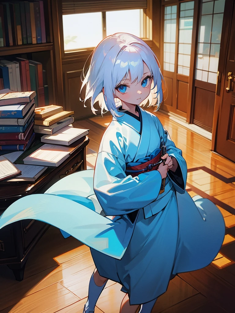 , , White hair, wearing kimono, blue colored eyes, holding a glass with blood inside, is in an 80s style office, books around, wood floor.