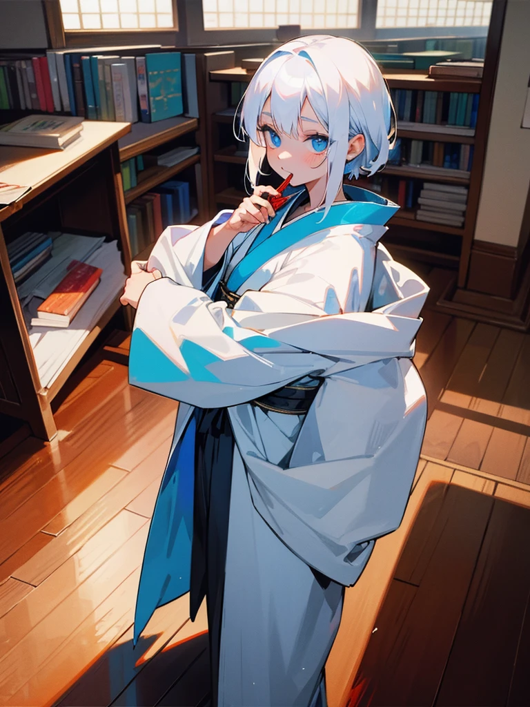 , , White hair, wearing kimono, blue colored eyes, holding a glass with blood inside, is in an 80s style office, books around, wood floor.