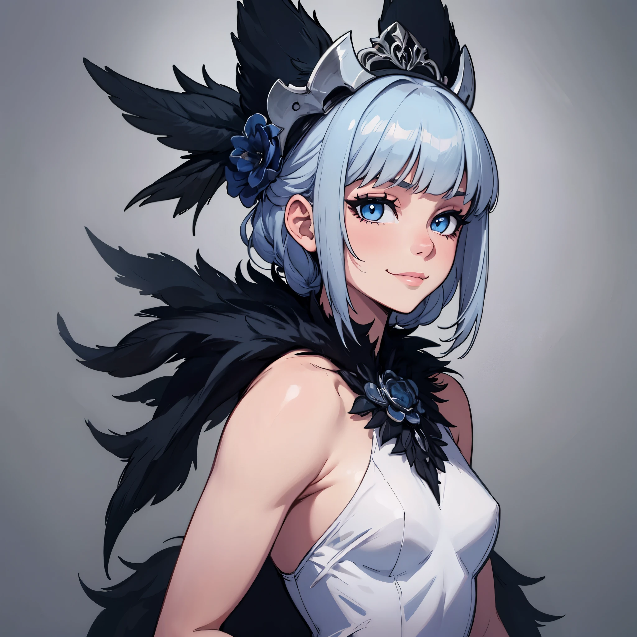 Masterpiece, Best Quality, aboveper body, score_9, score_8_above, score_7_above, 1 girl, Alone, black fur, wide, long bangs, neck length bangs, dark blue eyes, Little smile, looking at the viewer, portrait, Closed mouth, pale skin, small breasts, standing, aboveper body, only, only headwear, young girl, Gray background, Best Quality, backlighting
