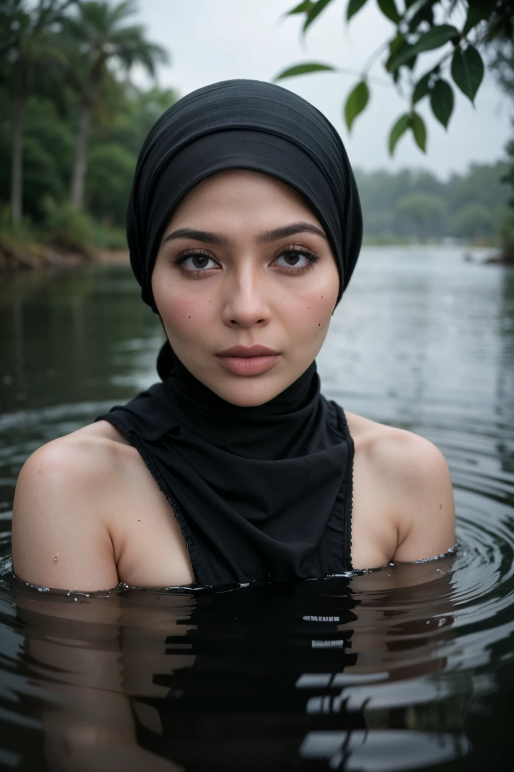 ((Chubby:1.3)), ((HIJAB)), (Best Quality, hight resolution, Realistic:1.37), Detailed face and expression, The Frightened Woman, pixie cut, sickly, Worn-out appearance, Swamp environment, standingn, Seductively drowning in a swamp, Distressed flared satin, cloudy water, Sinking Feeling, gloomy atmosphere, Foggy surroundings, dark shadows, A Surreal Touch, soft-lighting, creepy ambiance, can't cope with shame