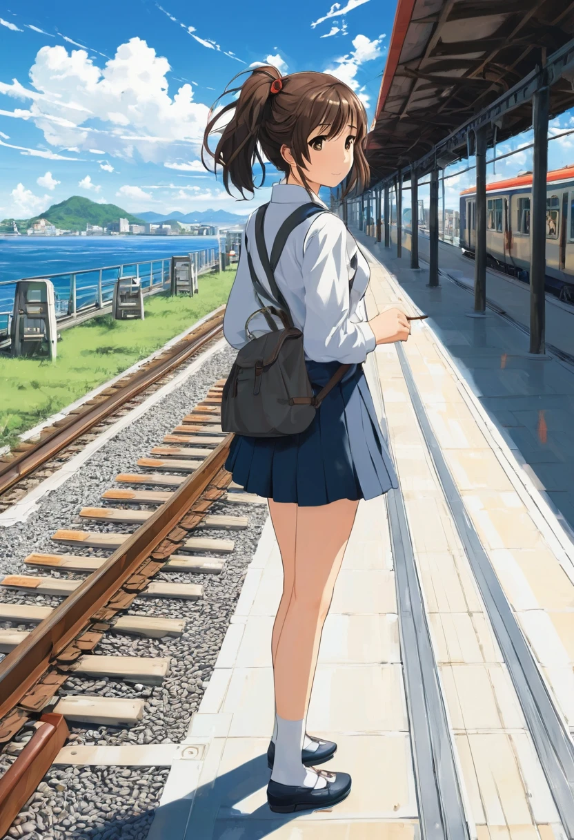 anime girl aux cheveux longs marchant sur un quai de train, Style de collection Kantai, canon à rail, konpeki pas de kantai, Arcade de la collection Kantai, Kancolle, À la manière de Makoto Shinkai, visuel animé d&#39;une jolie fille, style artistique makoto shinkai, belle lycéenne anime, style animé 4k, Oeuvre officielle, Shinkai Makoto