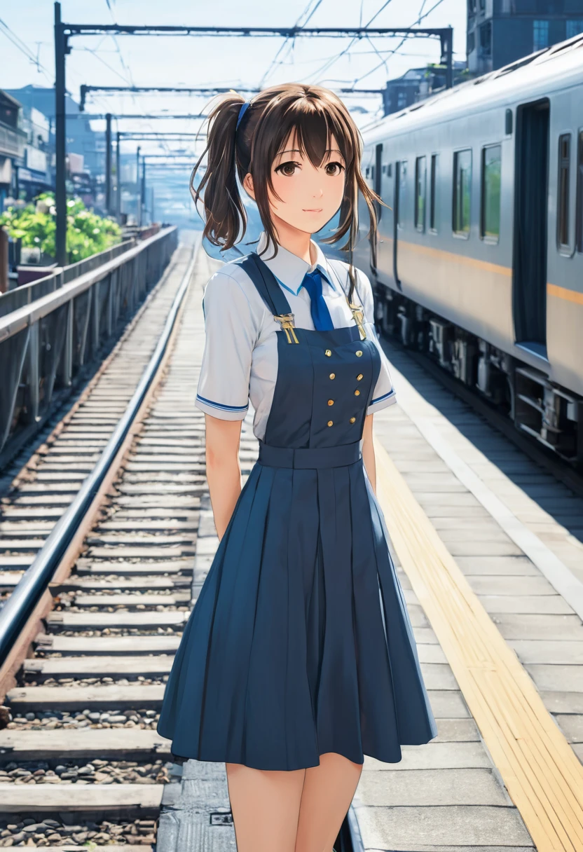 anime girl aux cheveux longs marchant sur un quai de train, Style de collection Kantai, canon à rail, konpeki pas de kantai, Arcade de la collection Kantai, Kancolle, À la manière de Makoto Shinkai, visuel animé d&#39;une jolie fille, style artistique makoto shinkai, belle lycéenne anime, style animé 4k, Oeuvre officielle, Shinkai Makoto