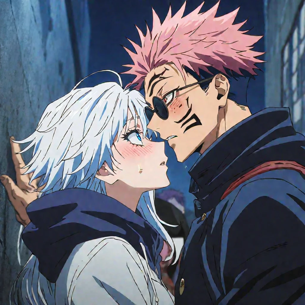 (1boy, gojo satoru, White hair, blue eyes, wearing round sunglasses), (1girl, pink_hair, blush, red_eyes, tattoo), long_hair, itadori_yuuji, hood, long_hair, ryoumen_sukuna_(jujutsu_kaisen), night, facial_tattoo, hoodie, upper_body, jacket, extra_eyes, hood_down, black_jacket, imminent_kiss, kiss, looking_at_another, facial_mark, freckles, sweatdrop, bangs, multicolored_hair, blue_eyes, clothes_grab, surprised, ((anime screen cap)) ((jujutsu kaisen screen cap)) ((jujutsu kaisen anime art style))