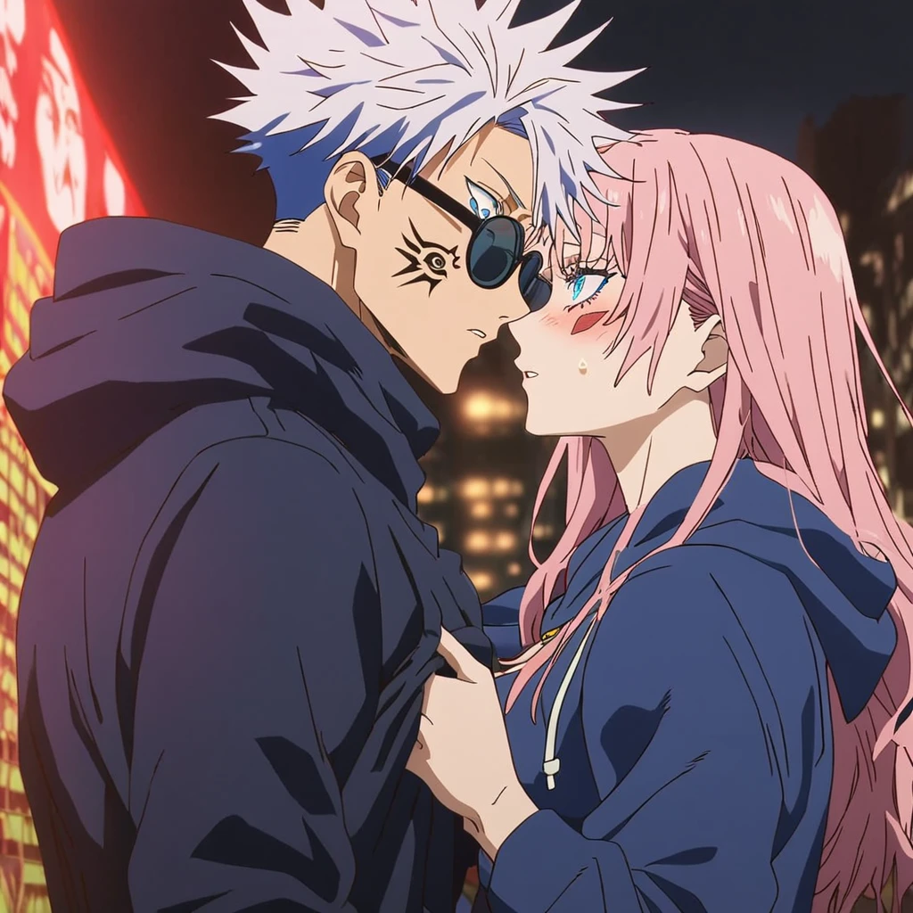 (1boy, gojo satoru, White hair,  blue eyes, wearing round sunglasses), (1girl, pink_hair, blush, red_eyes, tattoo), long_hair, itadori_yuuji, hood, long_hair, ryoumen_sukuna_(jujutsu_kaisen), night, facial_tattoo, hoodie, upper_body, jacket, extra_eyes, hood_down, black_jacket, imminent_kiss, kiss, looking_at_another, facial_mark, freckles, sweatdrop, bangs, multicolored_hair, blue_eyes, clothes_grab, surprised, ((anime screen cap)) ((jujutsu kaisen screen cap)) ((jujutsu kaisen anime art style))