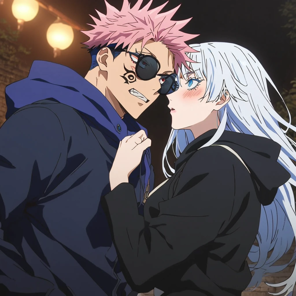 (1boy, gojo satoru, White hair, blue eyes, wearing round sunglasses), (1girl, pink_hair, blush, red_eyes, tattoo), long_hair, itadori_yuuji, hood, long_hair, ryoumen_sukuna_(jujutsu_kaisen), night, facial_tattoo, hoodie, upper_body, jacket, extra_eyes, hood_down, black_jacket, imminent_kiss, kiss, looking_at_another, facial_mark, freckles, sweatdrop, bangs, multicolored_hair, blue_eyes, clothes_grab, surprised, ((anime screen cap)) ((jujutsu kaisen screen cap)) ((jujutsu kaisen anime art style))