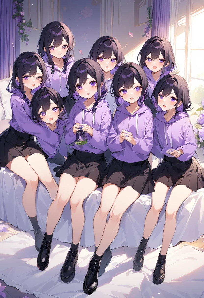 Keito。Purple hoodie。Black Skirt。Purple Eyes。Black Hair。Black shoes下。Black shoes。six sistery eldest daughter has lavender hair.。all female。Sextuplets。Purple bed