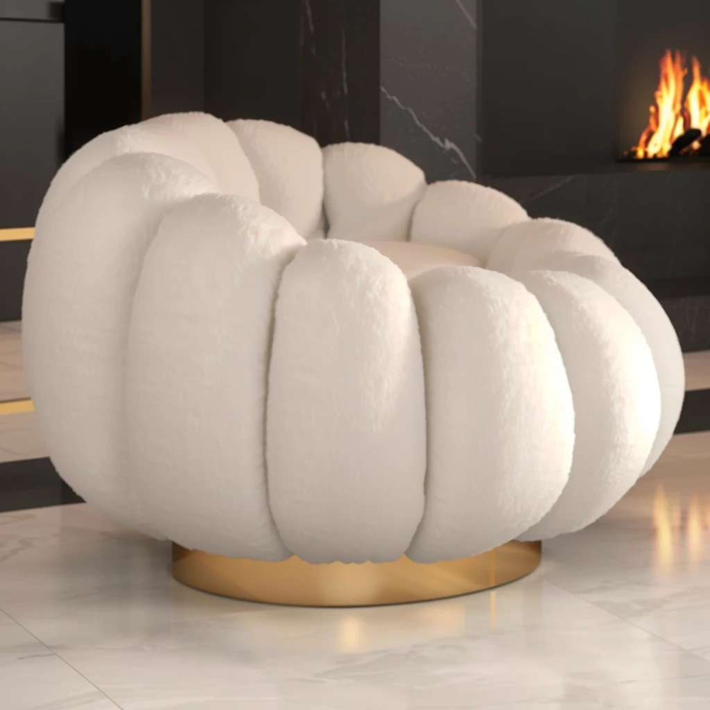 a close up of a white chair on a marble floor, sheep wool product material, product render, luxury furniture, realistic rendering, inspired by André François, designer furniture, 3 d product render, inspired by Jean-Michel Atlan, inspired by Antonio Rotta, extremely detailed furnitures, with 3 d render, inspired by david rubín