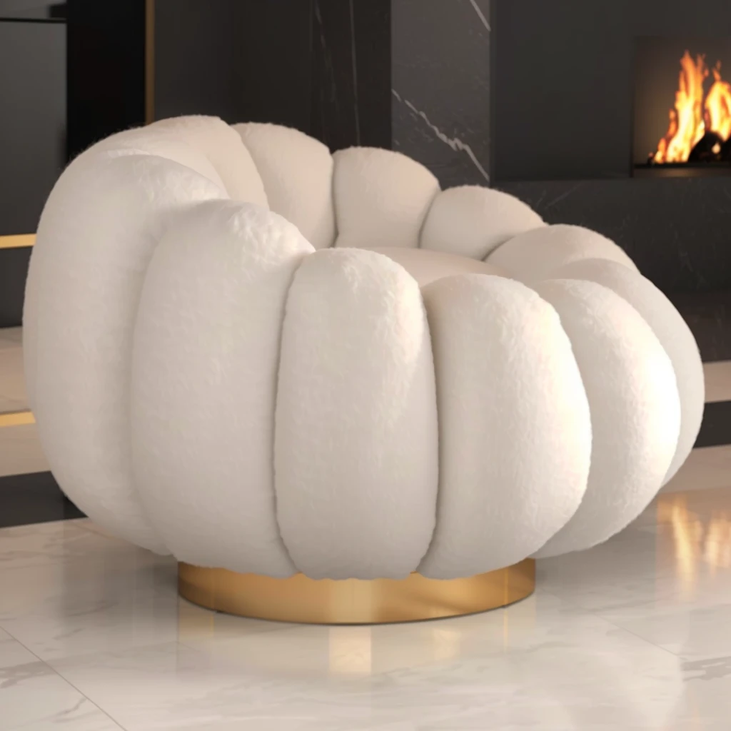 a close up of a white chair on a marble floor, sheep wool product material, product render, luxury furniture, realistic rendering, inspired by André François, designer furniture, 3 d product render, inspired by Jean-Michel Atlan, inspired by Antonio Rotta, extremely detailed furnitures, with 3 d render, inspired by david rubín