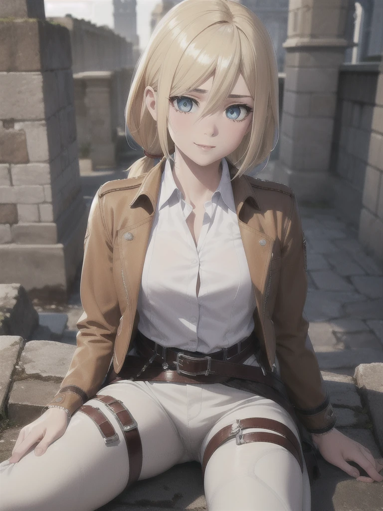 masterpiece, Highest quality, High resolution, Castle ruins, Day, sunny, Serious expression, One girl, alone, View your viewers, smile, Sit on the ground, history, Krista Lentz, Blonde, blue eyes, Hair between the eyes, short hair, ponytail, Official Art, Jacket, brown Jacket, Symbolism, belt, Thigh straps, pants, white pants, boots, shirt, white shirt, collared shirt, (Tight clothing), unity 8k wallpaper, (figure:0.8), (Beautiful attention to detail:1.6), Highly detailed face, Highly detailed CG, (3D Face:1.1), (Shiny skin:1.5), (超High resolution intricate face details), (Facial skin pores:1.3), 超High resolution cloth texture, Shining Eyes, Perfect Eyes, Glowing Eyes