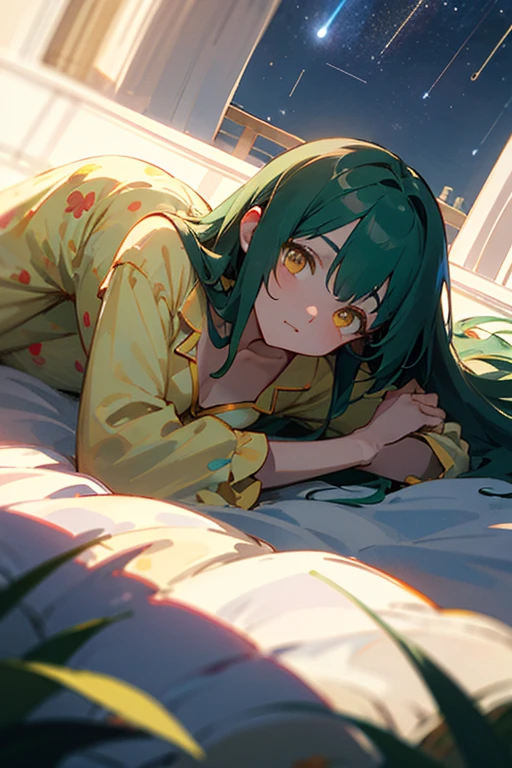 top quality,Perfect Face, long dark green hair, yellow eyes, collarbone,Master of Light and Shadow,pajamas,Meadows in the wild,Bright starry sky,Lying lazily on the grass,Meteor Showers