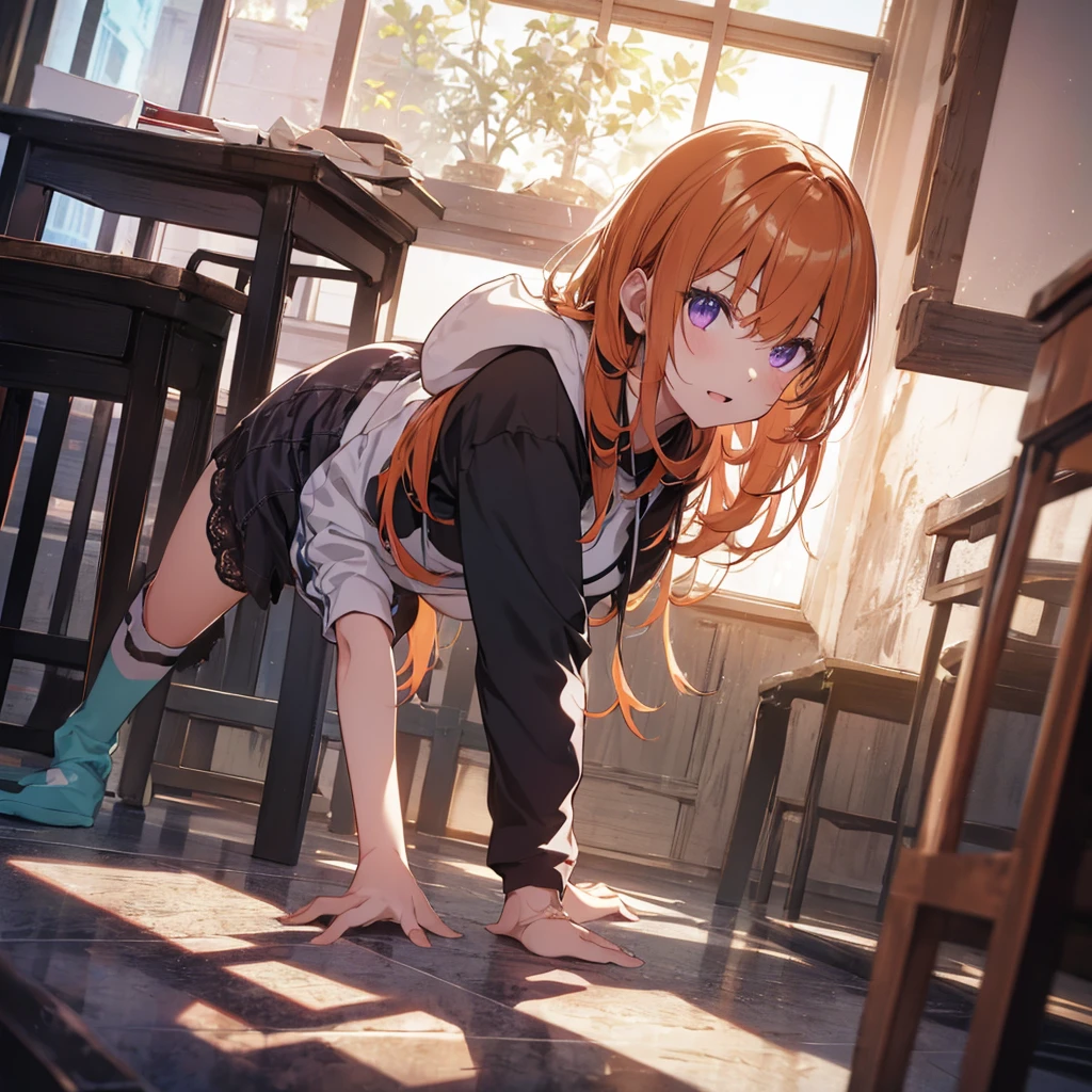 (Recall,On all fours:1.3),(Camel Toe:1.3),Highest quality,Best image quality,Perfect Anatomy,masterpiece,Ultra-detailed,beautiful,super high quality, Highest quality,High resolution, Very detailed,Game CG,Dutch Angle ,beautiful細部までこだわった目,Visual Arts,Five Fingers, Perfect hands,Hide your hands, {{{One Girl}}}, beautiful詳細な女の子, Game CG, Spring flower, One curl on the outside, Short Bob Hair, Pastel orange hair, Purple eyes,Stylish accessories solo, breast enhancement, Medium Shoot, woman, Take-out, Laughter, huge ,,Pastel green checkered mini skirt,Black knee-highs, {{{{{Wearing a pastel green hoodie}}}}},Open your mouth, Daytime Classroom, wonderful, beautiful細部までこだわった目, Highest quality, Very delicate,Masseter muscle area,Highest quality,(Official Art、Highest quality、Unity 8k wallpaper、32k、masterpiece、Ultra-detailed、超High resolution、Realistic、Photorealistic:1.2)、(Cinema Lighting:1.2)、Fire Glow Effect、The most grainy shadows on the film、Side light、Side Shot、(Ultra-detailedで複雑な3Dレンダリング)、Atelier Series,