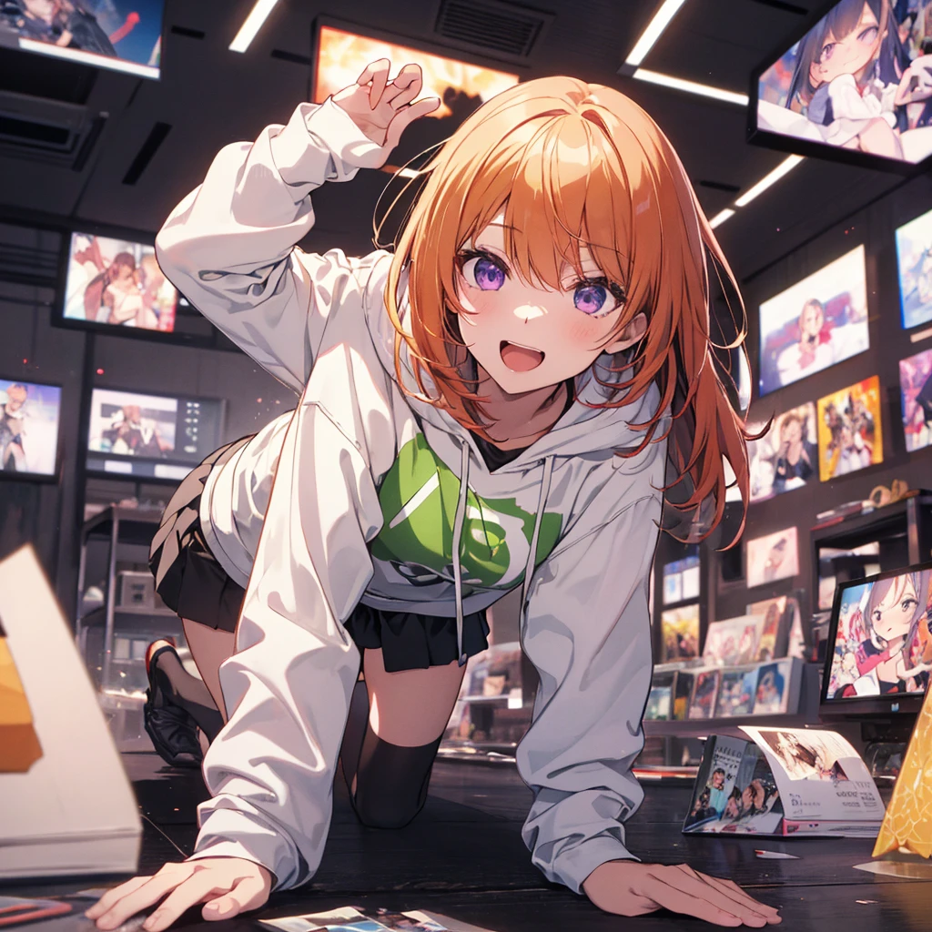 (Recall,On all fours:1.3),(Camel Toe:1.3),Highest quality,Best image quality,Perfect Anatomy,masterpiece,Ultra-detailed,beautiful,super high quality, Highest quality,High resolution, Very detailed,Game CG,Dutch Angle ,beautiful細部までこだわった目,Visual Arts,Five Fingers, Perfect hands,Hide your hands, {{{One Girl}}}, beautiful詳細な女の子, Game CG, Spring flower, One curl on the outside, Short Bob Hair, Pastel orange hair, Purple eyes,Stylish accessories solo, breast enhancement, Medium Shoot, woman, Take-out, Laughter, huge ,,Pastel green checkered mini skirt,Black knee-highs, {{{{{Wearing a pastel green hoodie}}}}},Open your mouth, Daytime Classroom, wonderful, beautiful細部までこだわった目, Highest quality, Very delicate,Masseter muscle area,Highest quality,(Official Art、Highest quality、Unity 8k wallpaper、32k、masterpiece、Ultra-detailed、超High resolution、Realistic、Photorealistic:1.2)、(Cinema Lighting:1.2)、Fire Glow Effect、The most grainy shadows on the film、Side light、Side Shot、(Ultra-detailedで複雑な3Dレンダリング)、Atelier Series,