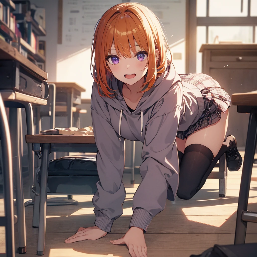(Recall,On all fours:1.3),(Camel Toe:1.3),Highest quality,Best image quality,Perfect Anatomy,masterpiece,Ultra-detailed,beautiful,super high quality, Highest quality,High resolution, Very detailed,Game CG,Dutch Angle ,beautiful細部までこだわった目,Visual Arts,Five Fingers, Perfect hands,Hide your hands, {{{One Girl}}}, beautiful詳細な女の子, Game CG, Spring flower, One curl on the outside, Short Bob Hair, Pastel orange hair, Purple eyes,Stylish accessories solo, breast enhancement, Medium Shoot, woman, Take-out, Laughter, huge ,,Pastel green checkered mini skirt,Black knee-highs, {{{{{Wearing a pastel green hoodie}}}}},Open your mouth, Daytime Classroom, wonderful, beautiful細部までこだわった目, Highest quality, Very delicate,Masseter muscle area,Highest quality,(Official Art、Highest quality、Unity 8k wallpaper、32k、masterpiece、Ultra-detailed、超High resolution、Realistic、Photorealistic:1.2)、(Cinema Lighting:1.2)、Fire Glow Effect、The most grainy shadows on the film、Side light、Side Shot、(Ultra-detailedで複雑な3Dレンダリング)、Atelier Series,