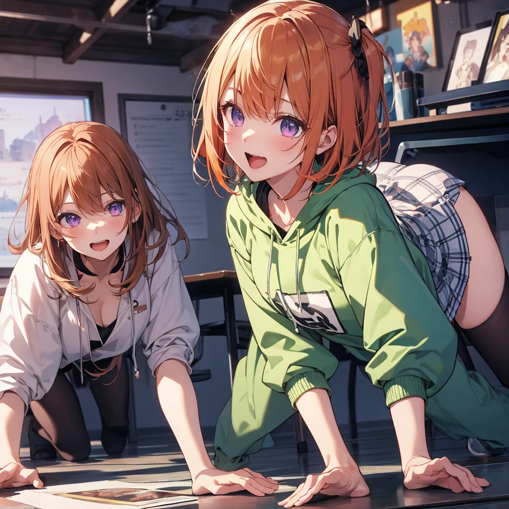 (Recall,On all fours:1.3),(Camel Toe:1.3),Highest quality,Best image quality,Perfect ???????,masterpiece,Ultra-detailed,beautiful,super high quality, Highest quality,High resolution, Very detailed,Game CG,Dutch Angle ,beautiful細部までこだわった目,Visual Arts,Five Fingers, Perfect hands,Hide your hands, {{{One Girl}}}, beautiful詳細な女の子, Game CG, Spring flower, One curl on the outside, Short Bob Hair, Pastel orange hair, Purple eyes,Stylish accessories solo, breast enhancement, Medium Shoot, woman, Take-out, Laughter, huge ,,Pastel green checkered mini skirt,Black knee-highs, {{{{{Wearing a pastel green hoodie}}}}},Open your mouth, Daytime Classroom, wonderful, beautiful細部までこだわった目, Highest quality, Very delicate,Masseter muscle area,Highest quality,(Official Art、Highest quality、Unity 8k wallpaper、32k、masterpiece、Ultra-detailed、超High resolution、Realistic、Photorealistic:1.2)、(Cinema Lighting:1.2)、Fire Glow Effect、The most grainy shadows on the film、Side light、Side Shot、(Ultra-detailedで複雑な3Dレンダリング)、Atelier Series,