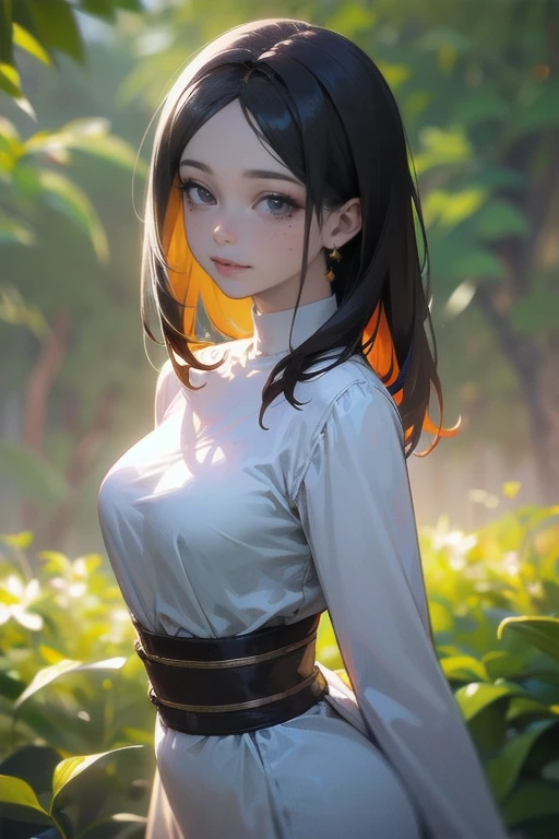 a beautiful woman in a vibrant garden, elegant long dress, flowing hair, gentle smile, serene expression, sunlight filtering through the leaves, colorful flowers blooming all around, lush greenery, photorealistic, cinematic lighting, intricate details, masterpiece, (best quality,4K,8k,highres,masterpiece:1.2),ultra-detailed,(realistic,photorealistic,photo-realistic:1.37),HDR,uhd,studio lighting,ultra-fine painting,sharp focus,physically-based rendering,extreme detail description,professional,vivid colors,bokeh,portrait,Shyness,freckles,Mole under the left eye,Smile, Cowboy Shot,A gaze that sees through everything,