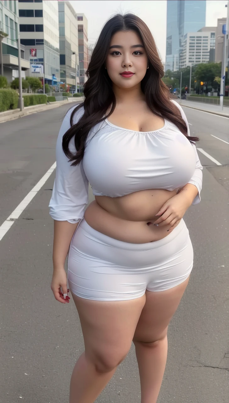 ((best quality)), ((masterpiece)), (detailed), perfect face, araffeTight skirtsShort , thicc, wavy short hair, she has a jiggly fat round belly, bbwchan, wearing tight simple clothes, skinny waist and thick hips, widest hips, her belly is fat and round, soft curvy shape, hyperrealistic full figure, wearing a cute top, wide hips, Blue swimsuit,On the beach by the seaBlue