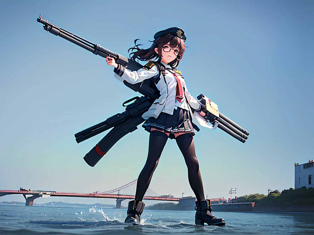 (((masterpiece, Vision))), ((((Full body of a woman with perfect flat chest、1 Female、solo、Short unkempt black hair、Tie your messy hair at the nape of your neck、white military jacket、Miko costume、black tights、Black glasses are black、White military cap、Cloudy black eyes、Confused eyes、Junyo-inspired emblem、Ship-style boots)))), (((Shipgirl))), ((Floating on the morning sea with both feet)), (Standing with your legs apart)), Aim, (Hold the shotgun turret grip with your right hand), (Four mechanical tentacles covered in white armor extend from its back.), (Holding a shotgun with metal tentacles), (Equipped with a bridge on the back), (His left arm holds the grip of a triple-barreled shotgun),