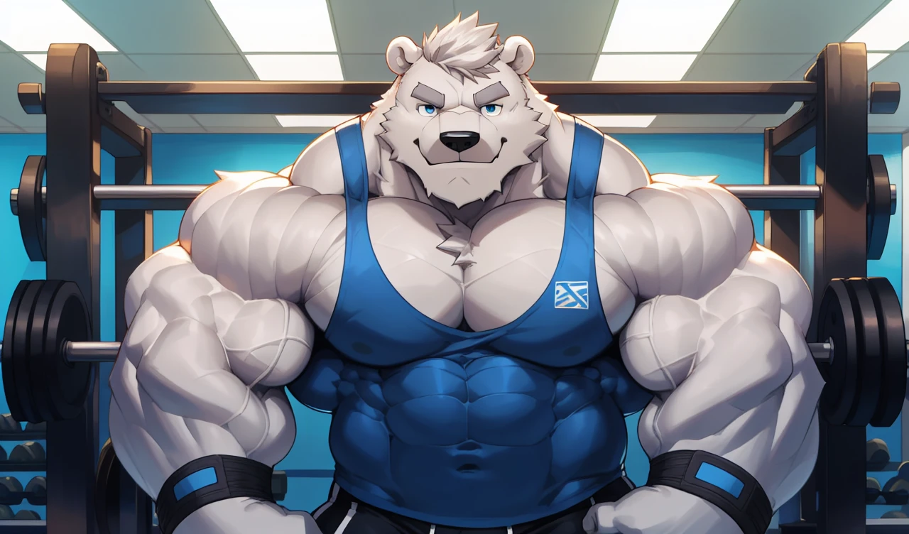 solo, 1boy, perfect anatomy, (furry white bears, polar bear) perfect proportion, smirk, big eyes, wide chest, bulky, bulk, bulge, happy. Huge Muscular Old man with short hair wrestling,(black gym shorts, wristbands and blue tank top), view from side, pectoral, thick arms, huge pectoral, wide pectoral, white hair, white beards, grey eyebrows, gym background, masterpiece, semirealistic:1.2, high detailed, 8k, high resolution, perfect center, full view. ((really big muscle, massive muscular, sixpack, thick arms, wide pectoral, super huge muscle, hyper muscular, over sized muscle, huge arms, big arms, huge pectoral))