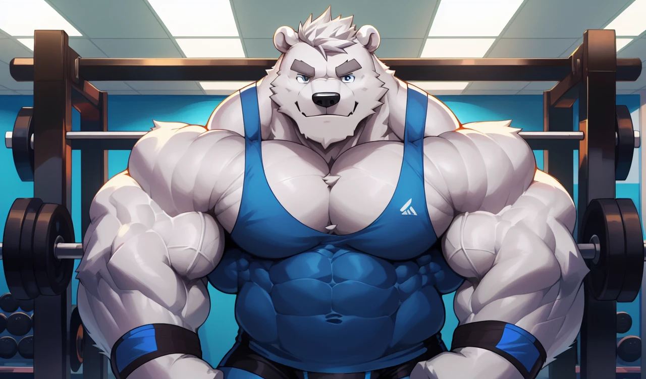 solo, 1boy, perfect anatomy, (furry white bears, polar bear) perfect proportion, smirk, big eyes, wide chest, bulky, bulk, bulge, happy. Huge Muscular Old man with short hair wrestling,(black gym shorts, wristbands and blue tank top), view from side, pectoral, thick arms, huge pectoral, wide pectoral, white hair, white beards, grey eyebrows, gym background, masterpiece, semirealistic:1.2, high detailed, 8k, high resolution, perfect center, full view. ((really big muscle, massive muscular, sixpack, thick arms, wide pectoral, super huge muscle, hyper muscular, over sized muscle, huge arms, big arms, huge pectoral))