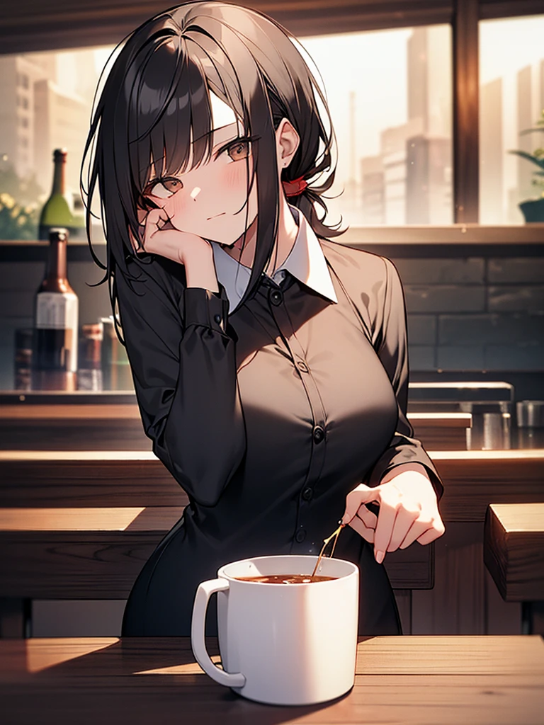 Highest quality, masterpiece, Ultra-high resolution, 8K, Show anime style , One, Soft line drawing, Digital Enhancement, shojo anime touch, shojo manga core, Flowing fabric, close, Soft Drawing, Ultra High Definition Digital Anime Art, Clear facial depiction, Highly detailed girl manga character art, Ultra-detailed manga style, Highest qualityの色, (Short brown hair), Wet Hair,Beautiful brown hair, Clear brown eyes, A little thick,Small breasts,Small Ass,She is sitting on a chair at the table in the room..,I sat in front of her,(((She turned her face away.、Staring out the window))),Rainy season sky,(A little bit of sunshine came out),The sun's rays shine on her face,((she is drinking coffee)),(((Look out the window))),Teasing Smile,Close-up profile