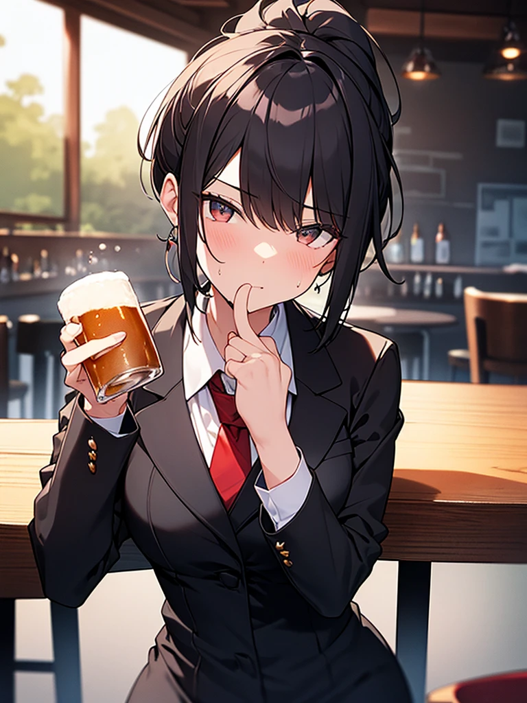 1. Tall woman, bar counter, sitting on wooden chair, gloomy expression, shadow on forehead, drunk, very red face, sweat, rolling eyes, drinking beer from a large mug, completely drunk:1.9 Black suit, white collared shirt, short black hair, ponytail:1.9 Straight hair, bangs swept to the side:1.9. Slanted eyes, brown eyes, tall, strong-willed, beautiful
