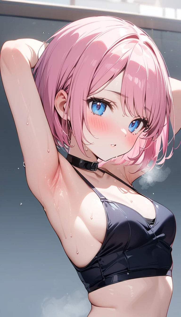 (1 girl),(Best Picture Quality, 8K, Masterpiece:1.3), (high  student:1.5), ((pink lob hair:1.1)), (bob cut),(swept bangs), (cute eyes, pupil black, iris skyblue, youthful face), (mole under right eye), (standard weight), (small breasts), (glistening skin:1.1),(pale skin:1.2),((showing armpits)),((Minimalist fashion)),(portrait),(blush),(sweat),((steam:1.3)),(Macro armpits).