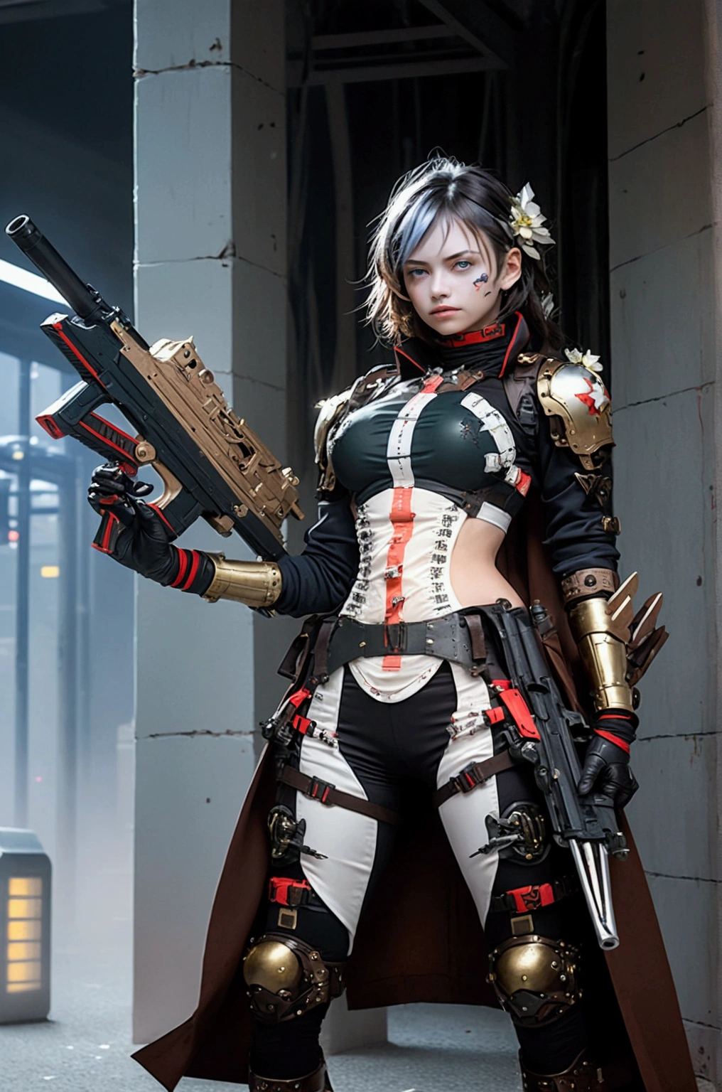 Full-length portrait of a woman,Dark fantasy,main character,Character visuals,Big mechanical rifle,Mechanical Backpack