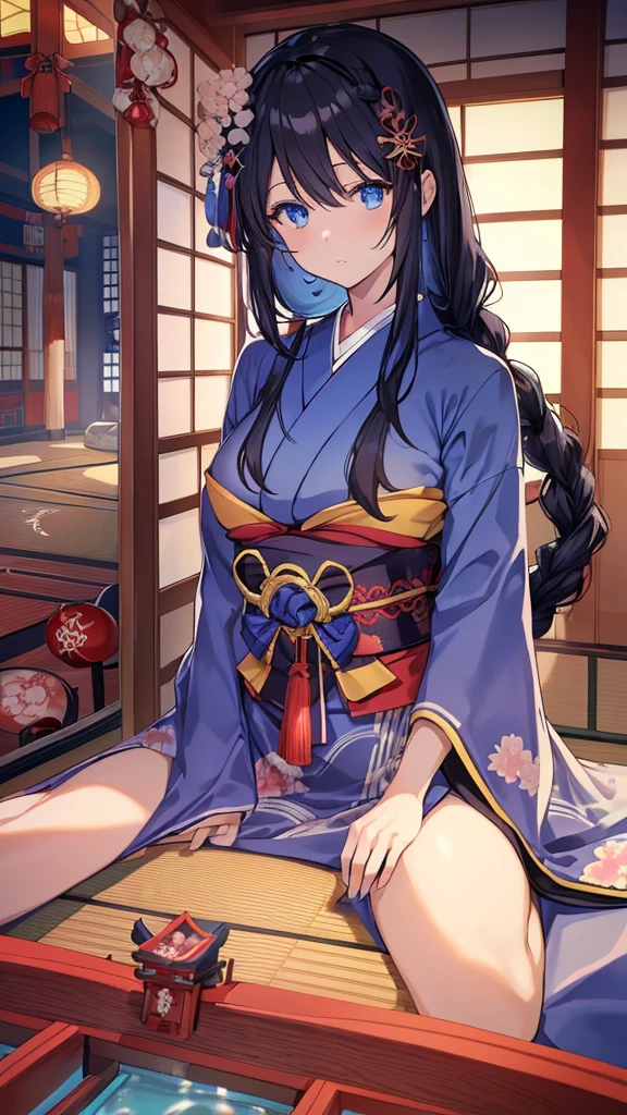 best quality, extremely detailed,anime style girl,long hair down to the waist, straight hair, ((dark black hair with bluish)),braid,beautiful detailed eyes, pinched eyes, (dark blue eyes),huge breasts,curvy,kimono,clothing with complex patterns,hair ornament,((((Japanese room)))),cool expression,dynamic angle