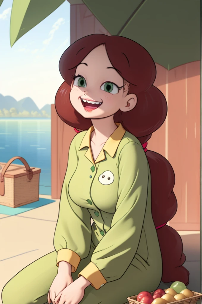 (Masterpiece, Best Quality, high resolution:1.4), whole body, 1 girl, mom frames, green eyes, Green suit, outdoor, sitting at a picnic,  (SMILE, happy, blush for the whole face:1) 