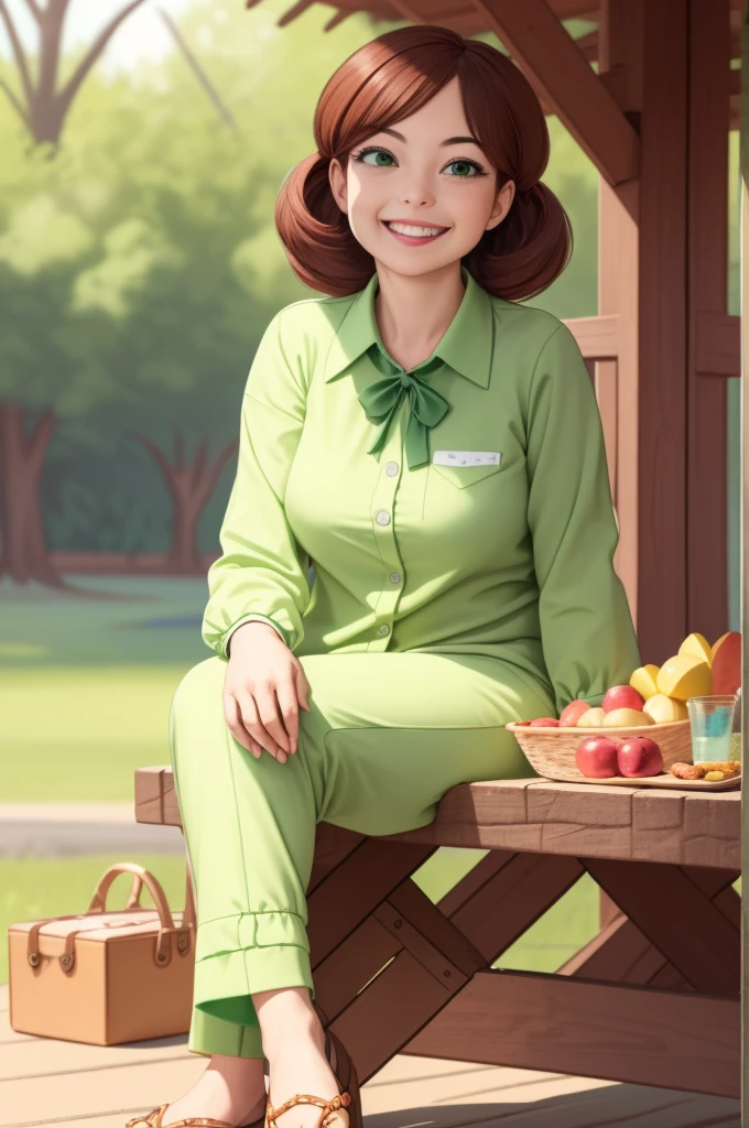 (Masterpiece, Best Quality, high resolution:1.4), whole body, 1 girl, mom frames, green eyes, Green suit, outdoor, sitting at a picnic,  (SMILE, happy, blush for the whole face:1) 