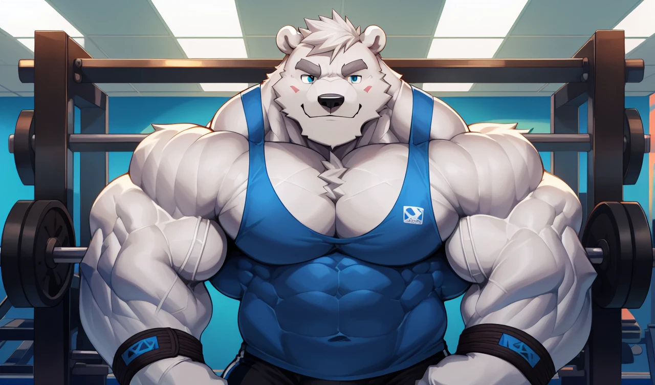 solo, 1boy, perfect anatomy, (furry white bears, polar bear) perfect proportion, smirk, big eyes, wide chest, bulky, bulk, bulge, happy. Huge Muscular Old man with short hair wrestling,(black gym shorts, wristbands and blue tank top), view from side, pectoral, thick arms, huge pectoral, wide pectoral, white hair, white beards, grey eyebrows, gym background, masterpiece, semirealistic:1.2, high detailed, 8k, high resolution, perfect center, full view. ((really big muscle, massive muscular, sixpack, thick arms, wide pectoral, super huge muscle, hyper muscular, over sized muscle, huge arms, big arms, huge pectoral))