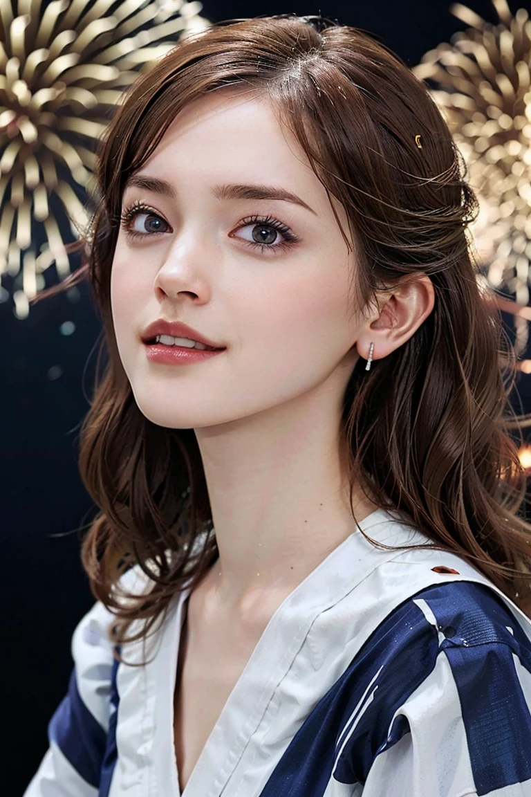 (Preserve face images), pale face:1.3、Super thin face:1.3, (very big eyes:1.5)、 (blown eyes:1.5), master piece、8k, {highest quality}, {{masterpiece}}, {very delicate and beautiful}, (((Mid-range shooting))), outstanding light and shadow, highly detailed wallpaper, clear and bright sunlight, (((Full body))), 1 girl, blush、(Light brown colour hair), ((Face illuminated by fireworks)), (((A classic yukata pattern with blue-purple irises and black vertical stripes on an off-white background ))), colour々A pose:1.5, necklace、ring、earrings,(Toothless smile:1,5), ((Mid-range shooting))、(((Looking up at fireworks in the sky)))、Seaside fireworks display